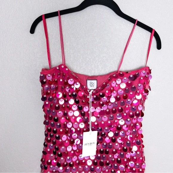 NWT Runaway The Label Cortez Mini Dress M Pink Sequin Sleeveless Stretch - Picture 6 of 11